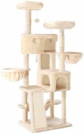MUTICOR 66 Inches Multi-Level Large Cat Tree Tower for Indoor Big Feline/Cozy Plush Perches/Condo/Sisal Scratching Posts/Hammock and Baskets/Activity Center Play House/Wide Base/Beige
