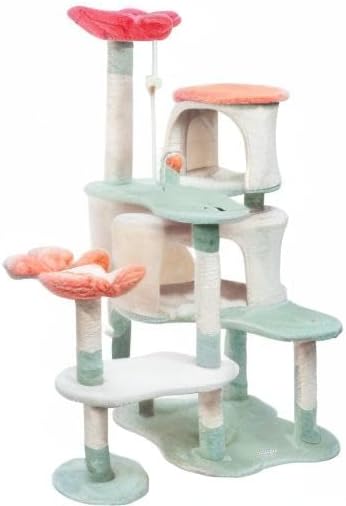 HYABi 56.3in Flower Design Cat Tree, Foldable Multi-Level Tower for Large Cats, Space-Saving Cat Furniture with Scratching Posts, Plush Condo for Indoor Cats