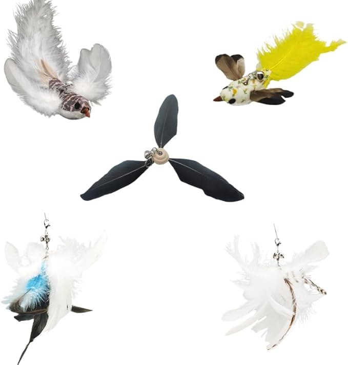 Variety Play Set, 5 Pack Refills for Wand and Fishing Poles, Spring Wires, Door/Wall Hang Ropes. 2 Bird, 2 Feather & Windmill Cat Toys - Bells & Easy Clip-On