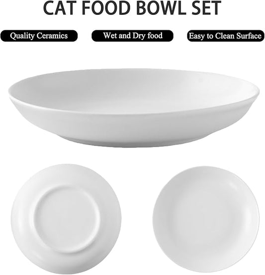 Ceramic Cat Food Bowl Set - 4 Pack Healthy Wide Shallow Cat Dishes Cat Plates for Food and Water, Anti Whisker Fatigue Cat Feeding Bowls for Pet Puppy Kittens, Dishwasher Microwave Safe, 5.8 In, White