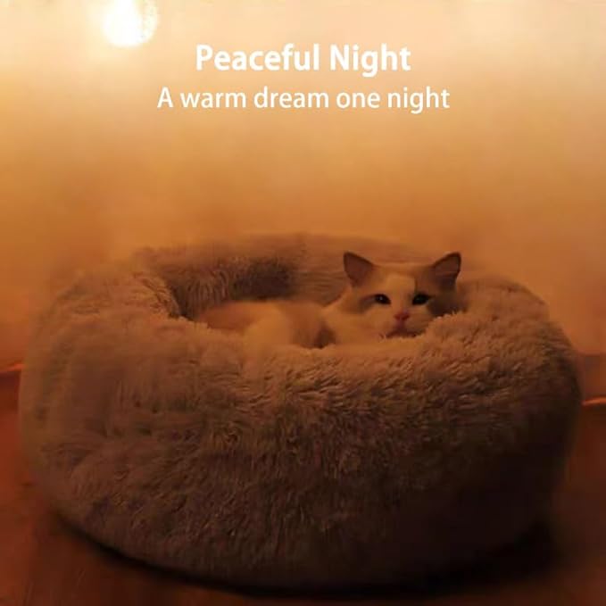 Cat Beds for Indoor Cats, Dog Bed, Cat Bed, Machine Washable, Fluffy Round Pet Bed Non-Slip, Autumn and Winter Warmth, Cuddler Cushion Self Warming (Black, 24 inch)