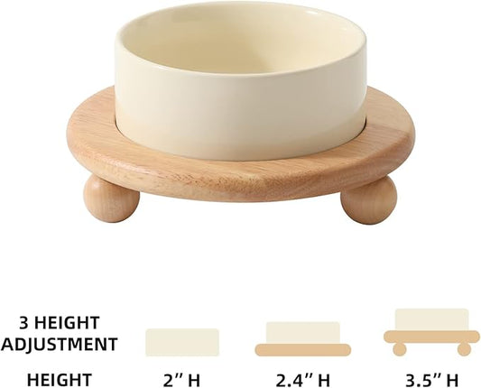 Ceramic Elevated Cat Food and Water Bowl, Kitty Bowl, Raised Cat Dish, Pet Feeder (5.1 in,1 x Beige + Stand)
