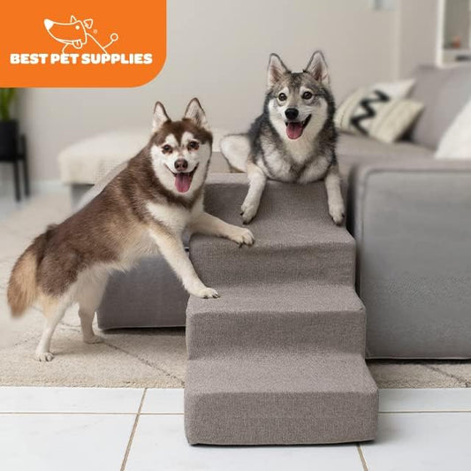 Best Pet Supplies Dog Stairs & Steps - Foam Steps for Small Dogs & Cats, Non-Slip Indoor Balanced Pet Step Support, Dog Ramp, No Assembly, Ash Gray Linen, 4-Step (18-inch Height).