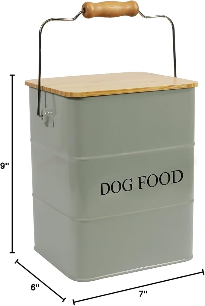 Dog Food storage container Dog Treats Jar,5~6 lb Metal food treats tin for Dog, pet snacks Canisters with wooden lid/handle/sevice scoop-Green