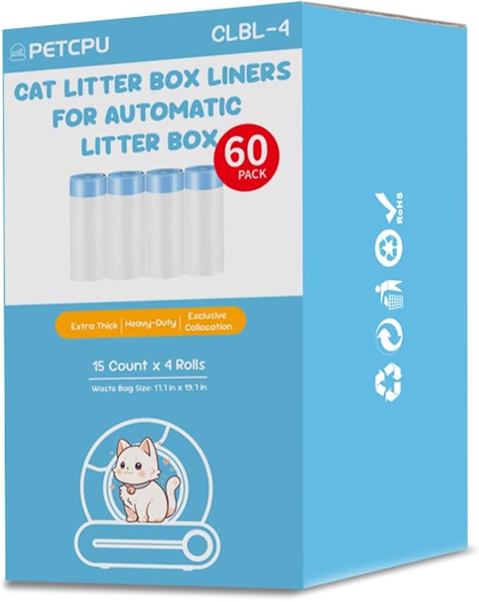 60 Count Cat Litter Box Liners for Self-Cleaning Cat Litter Box, Replacement Kitty Litter Liners, 4 Rolls Drawstring Waste Bags for Small Automatic Litter Boxs, 19.7 x 17.7 Inches(4 Packs/60 Counts)