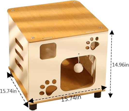 Pet Sleeping House Wooden,Cat Scratcher Box House,Log Color and White Large Cat Shelter,Wooden Box Pet House (Height, 14.96in)