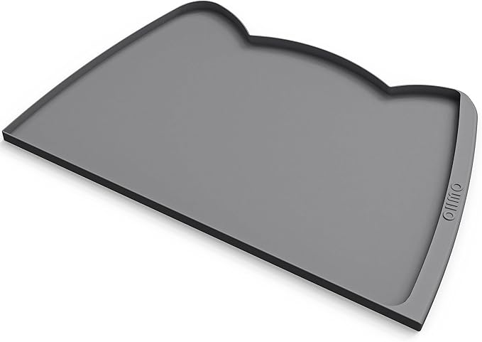 OHMO Dog Food Mat(Dark Grey, 24 * 15'') w/Residue Collection Pocket Silicone Pet Feeding Mat for Floor High Edges Anti Spills Waterproof Cat Water Bowl Tray, Easy Clean Placemat