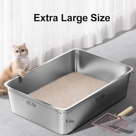 Stainless Steel Cat Litter Box, Large Metal Litterbox, XL Stainless Steel Litter Tray Pan for Big Cats, 23.6" Lx15.7 W x5.9 H, No Odor Absorption, Easy to Clean, Rustproof, Leakproof