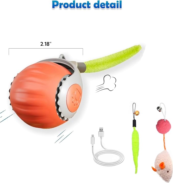 Interactive Cat Toy Ball | Automatic Moving, Mouse Tail Design and Mouse-Shaped Pendant | Rechargeable 3-Mode Rolling Toy for Indoor Kittens & Adult Cats