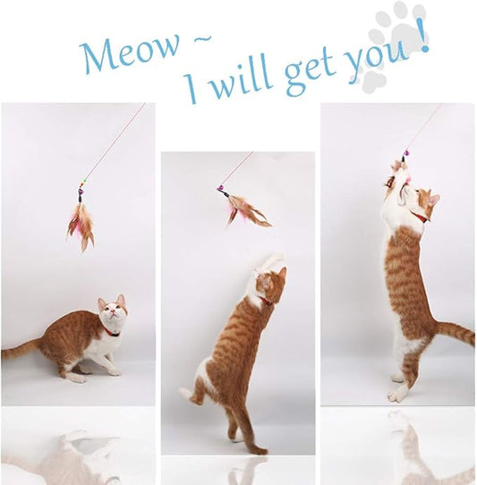 MAIYU Cat Feather Wand Toy - 3 Pack Steel Wire Feather Interactive Cat Stick Training - Beads Bells Kitten Wand Toys Pet Teaser