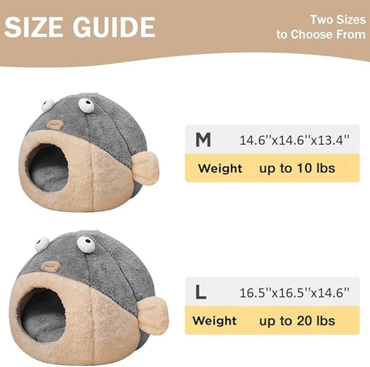 Cat Beds for Indoor Cats - Cat Bed Cave with Removable Washable Cushioned Pillow,2 in 1 Super Soft Animal-Shape Cat Tent for Kitten and Small cat, Lively Pufferfish cat beds & Furniture, Grey(M)