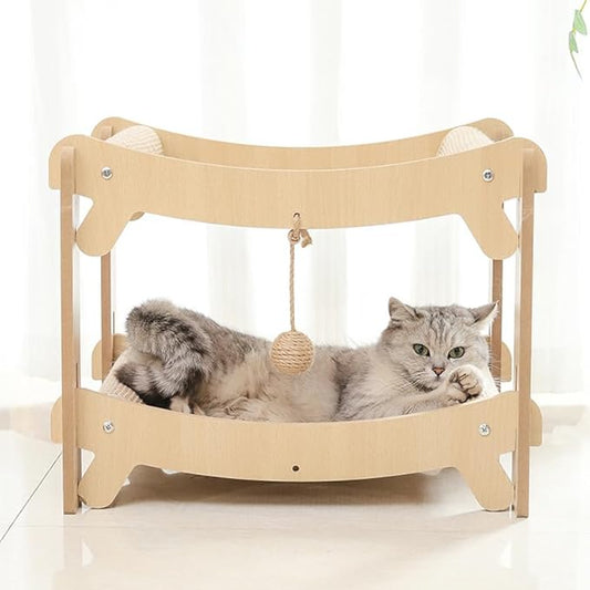 Multi-Level Sisal Cat Scratcher Bed | 2 & 3-Tier Wooden Cat Tower with Sisal Scratching Surface | Wood Pet Furniture (Medium)