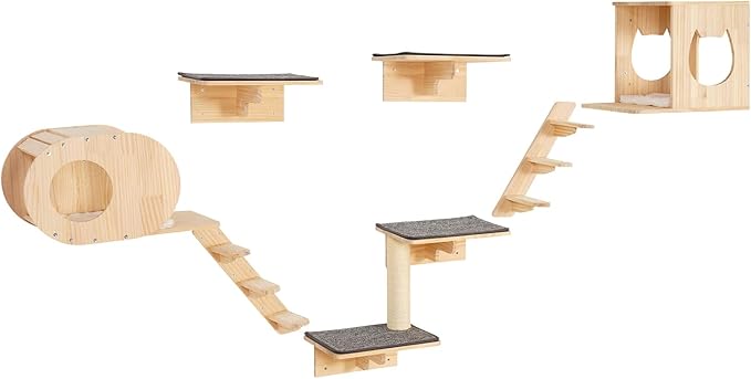 VEVOR Wall Mounted Cat Shelves, Perches with Jumping Boards,Hammocks & Cat Tree, Cat Furniture and Shelves up to 40 lbs for Sleeping, Playing, Climbing, Set of 7