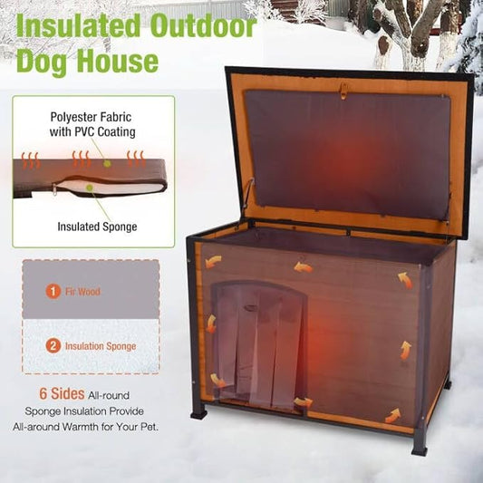 GUTINNEEN Large Insulated Dog House for Winter Outdoor Dog Kennel with Anti-Chewing Metal Frame for Small to Medium Dogs,Brown
