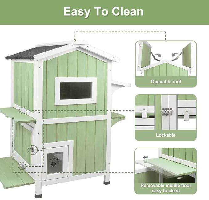 Outdoor Cat House Shelter Weatherproof, Two Story Wooden Outside Feral Cat House with Openable Roof, Escape Door