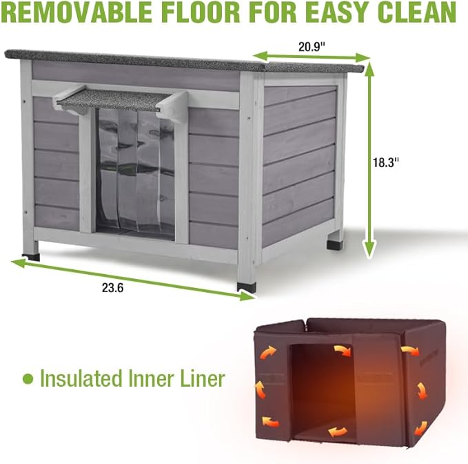 GUTINNEEN Outdoor Cat House Insulated Liner, Weatherproof Feral Cat Shelter for Outside, Wooden Indoor Kitten House, Stray Cat Home for Winter