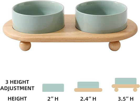 Ceramic Elevated Cat Food and Water Bowl, Kitty Bowl, Raised Cat Dish, Pet Feeder (5.1 in, 2 x Light Green + Stand)