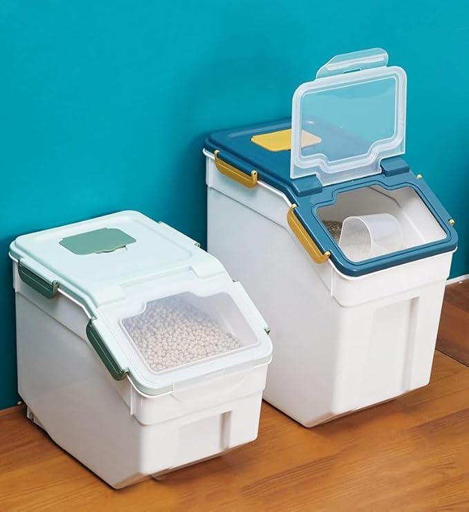 AnRui Large Flour Storage Containers 25Lbs Airtight Rice Storage Container BPA Free Kitchen Pantry Food Storage Bin Sugar Snack Cereal Grain Organizer Box with Wheel, Measuring Cup, 4Pack Green