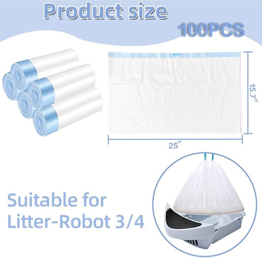 100 Packs Cat Litter Bags with Drawstring, Compatible with Litter-Robot 3/4 Cat Litter Box, Replacement Waste Bags Eplacement Liners Waste Bags