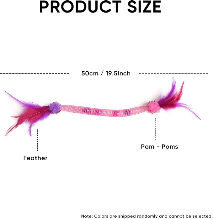 Interactive Cat Toys for Indoor Cats with Catnip โ 1 Pack Feather Elastic Mesh Catnip Chew Toys with Bells and Pom-Poms, 19.5 Inch Durable Kitten Teething Toy Bundle
