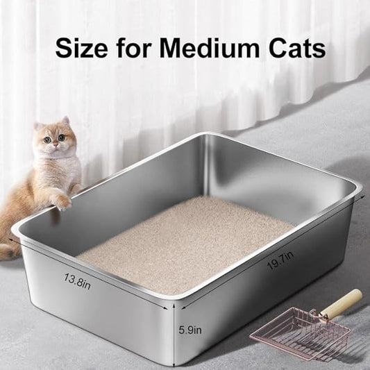 Stainless Steel Cat Litter Box, Medium Metal Litterbox Stainless Steel Litter Tray Pan for Medium Cats, 19.7" Lx13.8 W x5.9 H, No Odor Absorption, Easy to Clean, Rustproof, Leakproof