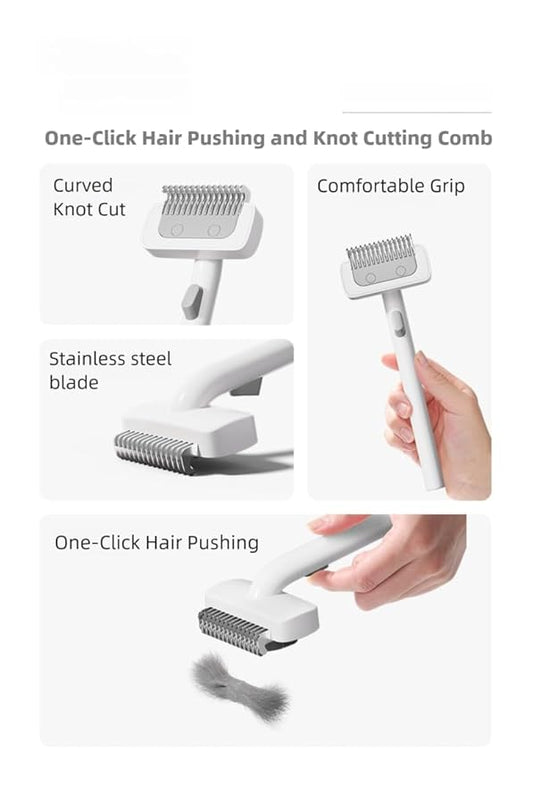 One-Click DeMatting Pet Comb for Small Dogs and Cats,Deshedding Brush, Quick Knot Remover with Stainless Steel Blade, Safe Rounded Edges, Effortless Hair Removal Grooming Tool
