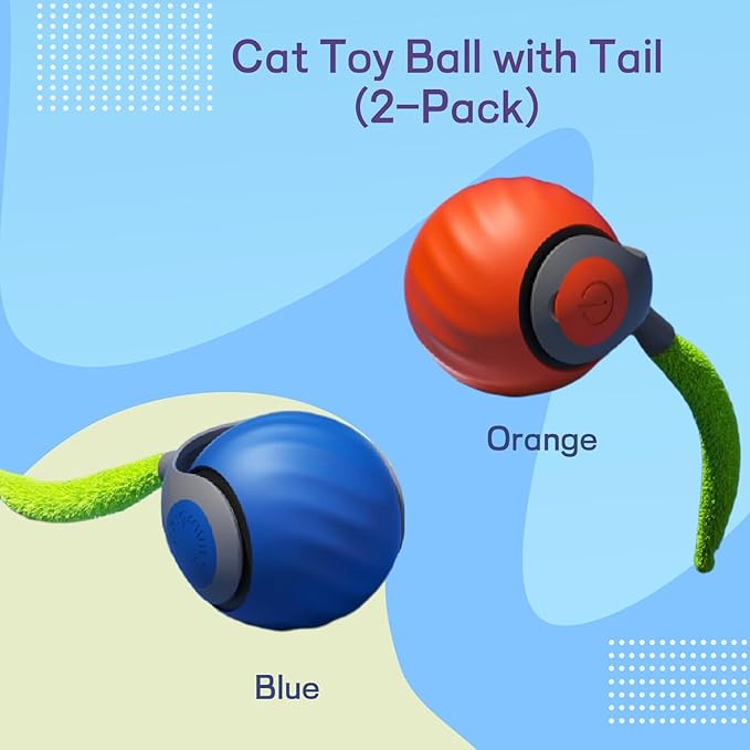 2025 Upgraded Self-Moving Cat Toy Ball with Tail (2-Pack) - Rechargeable Smart Interactive Kitten Toys, 2-Speed Modes, Bite-Resistant Indoor Exercise Toys for Bored Cats (Blue&Orange)