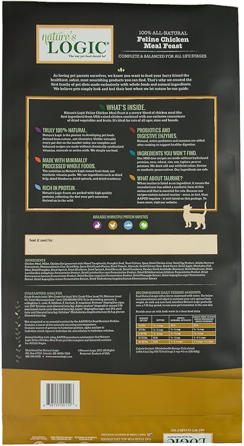 Nature's Logic Feline Chicken Meal Feast Cat Food - High-Protein Dry Food for Cats, 100% Natural Nutrition with Probiotics & Prebiotics - All Life Stages - Chicken, 15.4lbs
