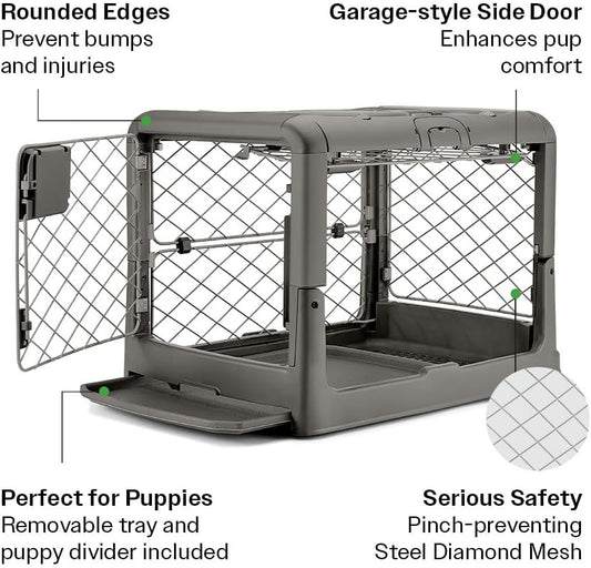 DIGGS Revol Collapsible Dog Crate with Wheels - Premium Portable Dog Crate - Safe, Stylish, and Convenient Indoor Kennel (Smoke, Small)