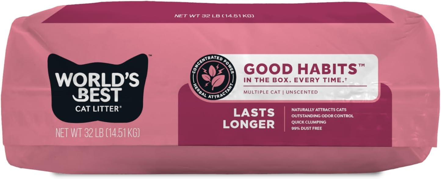WORLD'S BEST CAT LITTER Good Habits Cat Attract Litter | Natural Plant-Based Attractant | Multicat Flushable Corn Litter | Unscented Odor Control | Low Tracking & Lightweight | Made in USA 32lb Bag