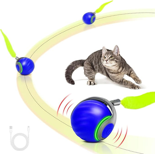 Speedy Tail 2.0 Interactive Cat Toy – Smart Self-Rolling Cat Ball with Feather Tail, Automatic Moving Motorized Toy for Indoor Cats, Chasing & Hunting Fun (Blue)