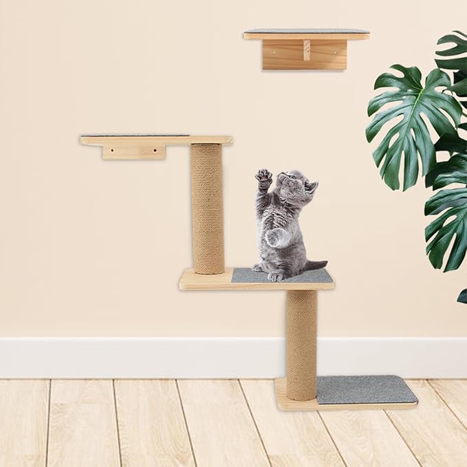Cat Wall Shelves 3-in-1 – Wall-Mounted Cat Ladder, Steps & Scratching Post for Climbing, Jumping, and Napping