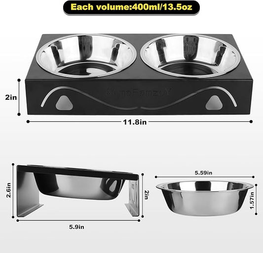 Elevated Cat Bowls 5° Tilted Raised Pet Food Water Bowl Set, 2 Thick Stainless Steel 13.5 oz Cat Dishes Feeder Shallow Wide Cute Whisker Friendly for Indoor Kitten, Small Dogs, Puppy,Black