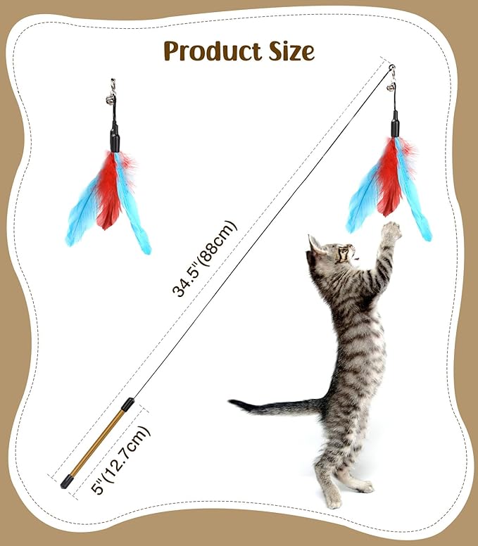 Pawaboo Feather Teaser Cat Toy, Interactive Feather Wand Cats Toy Flying Feathers Cat Catcher with Extra Long 34.5" Wand and Small Bell, Exerciser Playing Toys for Kitten or Cats, Blue + Red Brown