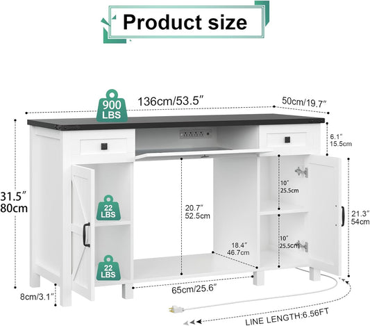 55-75 Gallon Aquarium Stand With Charging Station, Farmhouse Fish Tank Stand, Reptile Tank Stand Terrarium Stand with Drawer and Cabinet Storage, Sturdy Heavy Duty 53.5"×19.7" Tabletop - White