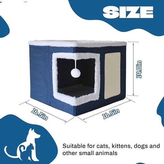Cat Bed for Indoor Cats Cube House,Large Covered Cat Beds Cave & Furniture with Fluffy Ball and Scratch Pad Foldable Hideaway Nest & Condo with Washable Mat for Kitten Kitty Small Pet(Navy Blue)