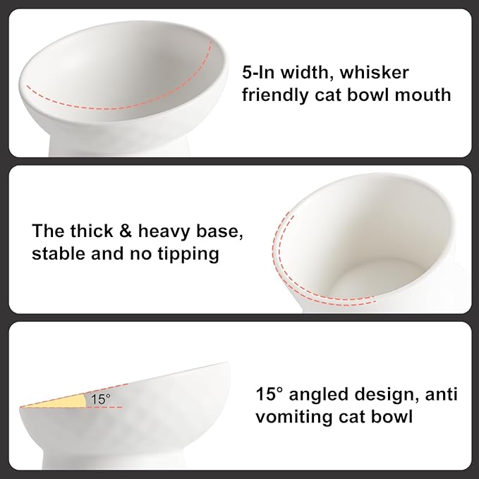YauYik Ceramic Raised Cat Bowls, Elevated Tilted Cat Food and Water Bowls Set, Stress Free Pet Feeding Dish for Indoor Cats and Small Dogs, Anti Vomiting, White, 2 Pack