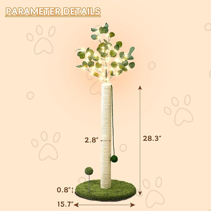 Cat Scratching Post with Lights & Hanging Ball Toys Tall Sisal Rope Scratcher Tree Climbing Scratch Tower for Indoor Cats Adult Kitten