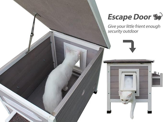 Rockever Outdoor Cat House, Large Outdoor Houses for Feral Cats with Self-Warming Mat Wooden Outside Cat Shelter Weatherproof with Escape Door