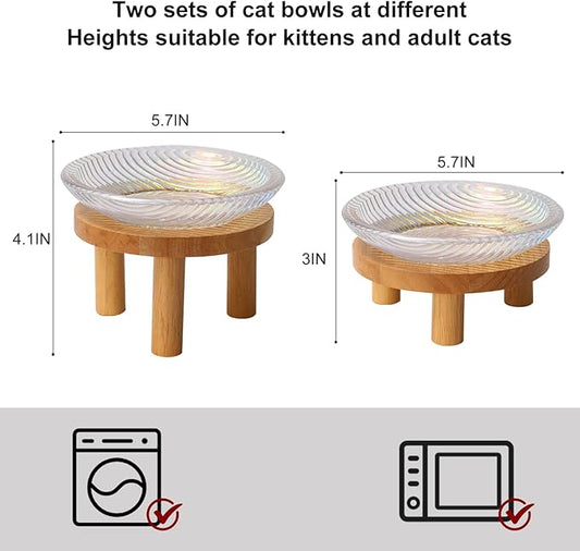 Cat Bowls Whisker Friendly with Wooden Stands. Raised Elevated Glass Whisker Fatigue Cat Bowl for Indoor Cats. 2PCS (Rainbow Colors)