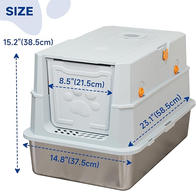 TENTIZON Stainless Steel Cat Litter Box with Lid, XL Large Covered Litter Box with Litter Mat, Metal Scoop, Enclosed Metal Litterbox for Kitten, Big Cats Up to 24lbs, 23.1" L x 14.8" W x 15.2" H