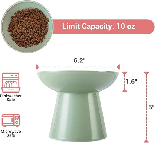 Extra Wide Elevated Ceramic Cat Bowl, 6.2" Shallow Dish for Whisker Fatigue Relief, 5" Height for Easy Feeding, Durable Raised Cat Food Bowls, Pack of 2, Sage Green