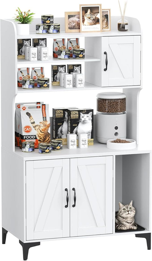 Large Cat Litter Box Enclosure Furniture with 3 Open Shelves and Storage Cabinet, Farmhouse Cat House Washroom with Scratch Pad, Modern Wood Pet House Side End Table for Livingroom Bedroom