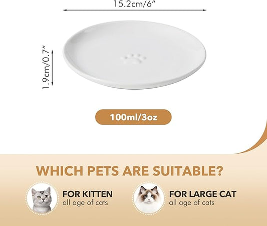 6.1'' Ceramic Wide Cat Dishes, Set of 3 Ceramic Cat Bowls, Indoor Kitten Feeding Wet & Dry Shallow Food Dish Anti Whisker Fatigue(3 Pcs, White)