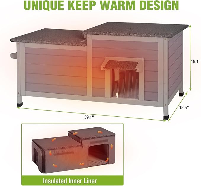 GUTINNEEN Outdoor Cat House Insulated, Weatherproof Feral Cat House Outside, Heated Stray Cat Shelter for Winter, Wooden Kitty House Indoor