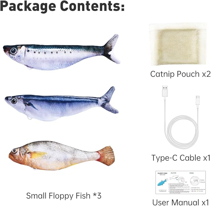 Bite-Sized Realistic Flopping Fish Cat Toys, 3 Pack, Interactive Cat Toys for All Breeds, Tap-Activated 3 Flapping Mode, Sardine/Saury/Yellow Croaker, 7.1 Inches, with Catnip, Rechargeable