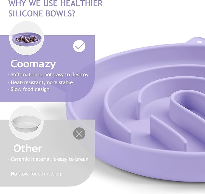 Coomazy Silicone Slow Feeder Dog Cat Bowls, Interactive Puzzle Toy for Pets Food Training, Keeps Dogs Cats Busy, Prevents Puppy Kitty Overeating (Purple, 1.4Cup)