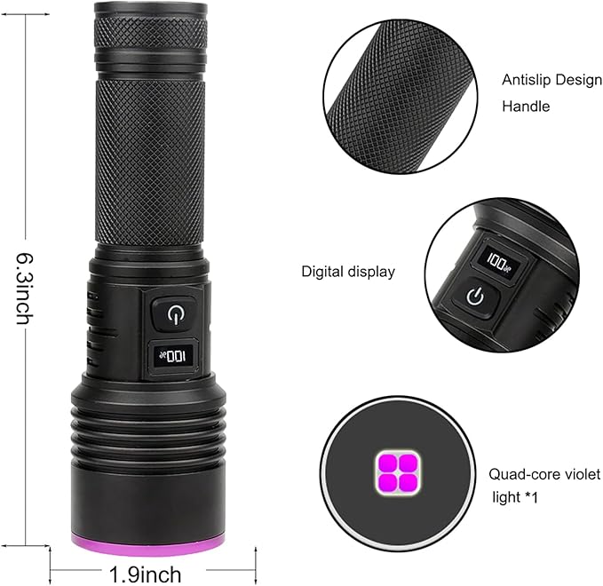 UV Flashlight 30W, 7000 mAh High Power 365nm UV Light, 4-Core LED USB Rechargeable Black Light Flashlight for Dog, Cat Urine, Dry Stains, AC Leak, Uranium Glass, Bed Bug
