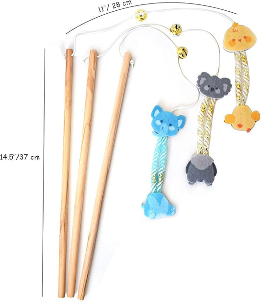 Cat Wand Toy, 3 PCS Natural Wooden Handle Teaser Wand Cute Interactive Kitten Wand Fun Kitty Toy, Unbreakable Kitten Stick for Indoor Cats