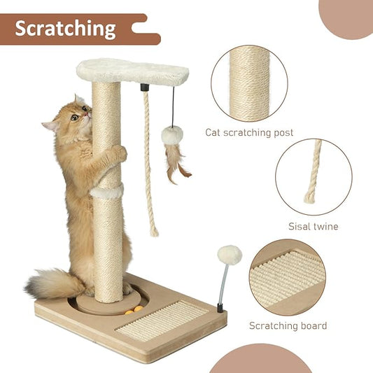 PAWSFANS Cat Scratching Post,Sisal Scratch Posts with Track Ball Feather Toy for Indoor Cats and Kittens,25" Tall Beige